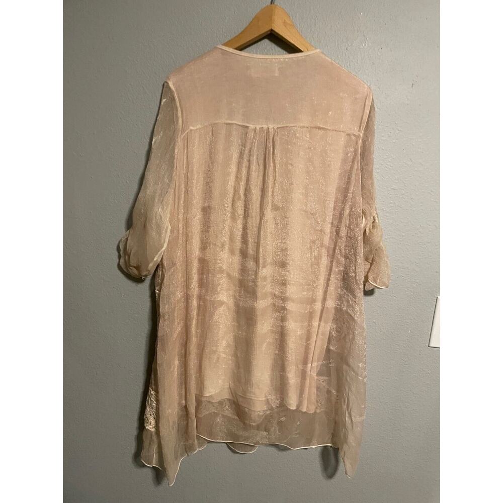 Simply Couture Womens Tunic 3X Pink Floral Crochet Iridescent Roll Tab Fairy - Picture 3 of 6